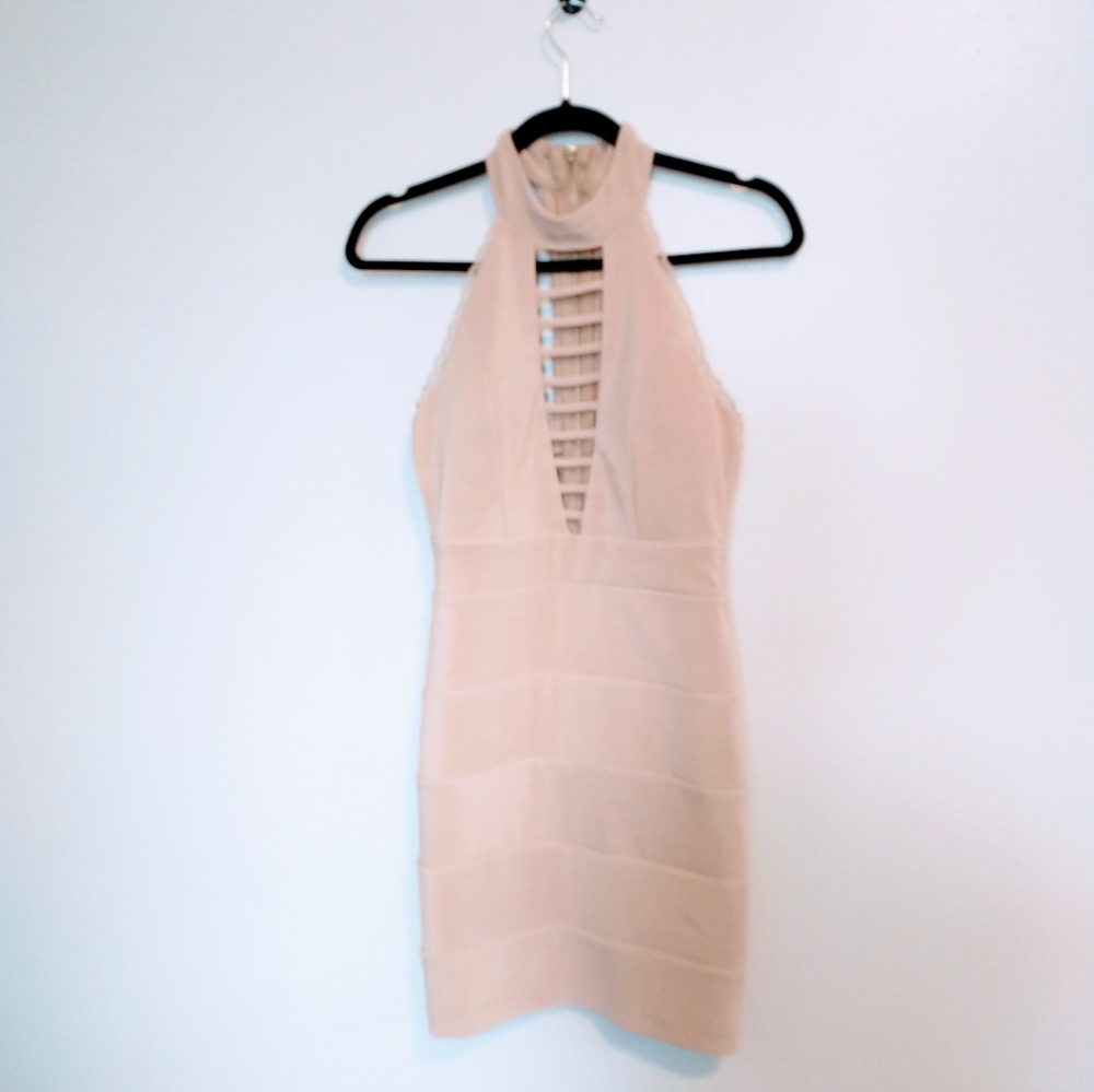 honey and rosie dress bodycon bandage style tan dress with hatler top and cutout
